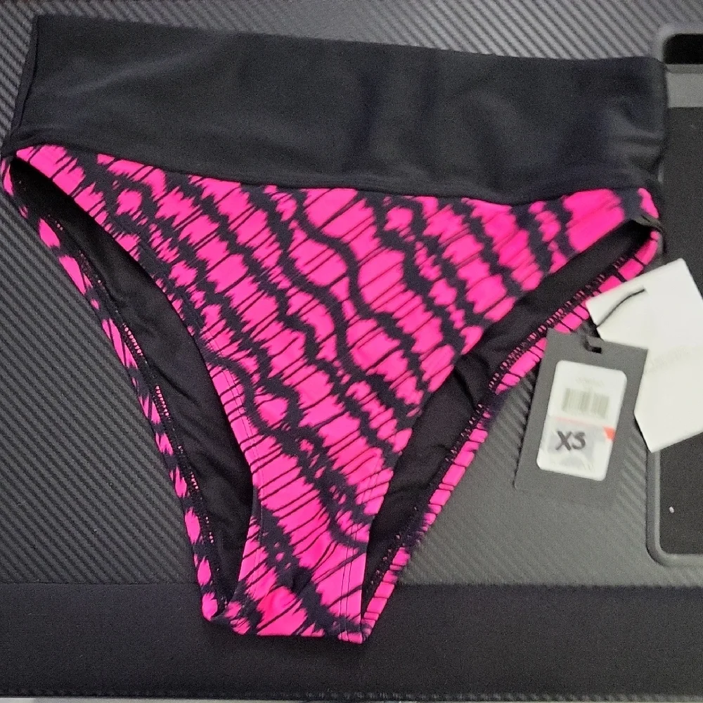 Nwt‎ DKNY Pink and Black High-Waisted Bikini Bottom XS